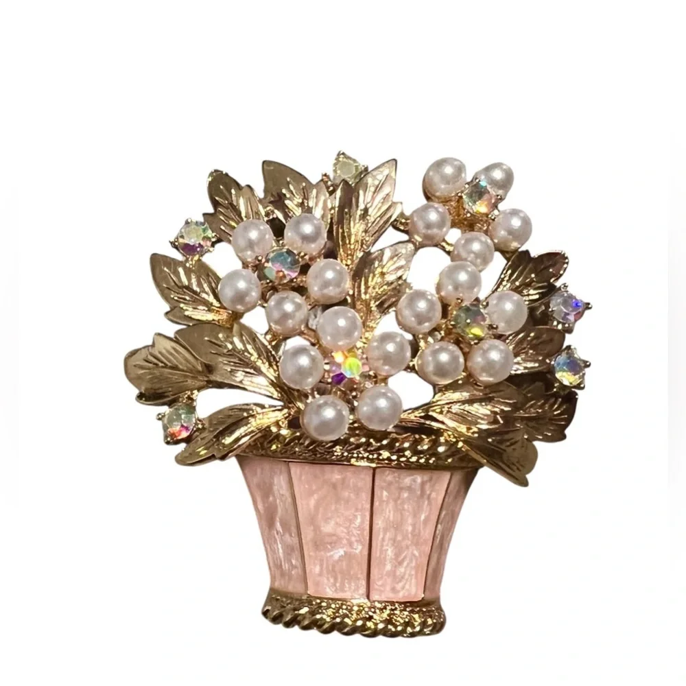 Vintage Style Pink Basket Brooch with Faux Pearl Flowers & AB Crystals